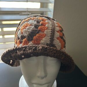 Crochet Patterned Women's Hat - Brown, Orange, Cream
